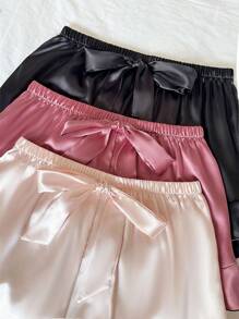 LuxeNights 3pcs Contrast Color Ruffle Trim Faux Silk Pajama Set - Multicolor - View 4