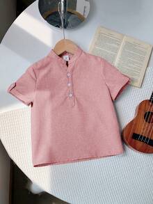 SHEIN 1 pieza Camisa casual de manga corta y cuello alto con tejido suelto liso para niños pequeños - Rosa vieja - Ver 7