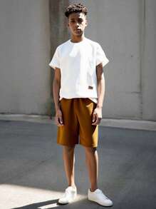 SHEIN Explorewe 2pcs/Set Teenager Boys Casual Vintage White Textured Knit Short Sleeve T-Shirt + Elastic Waist Pants, Leisure Outfit