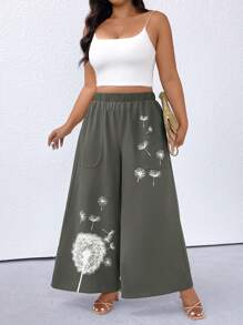 EMERY ROSE Plus Size Women Dandelion Print Elastic Waist Pockets Wide Leg Casual Pants - Army Green - View 5