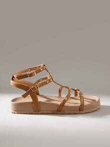 Solecia 女士时尚棕色露趾休闲系带舒适平底凉鞋，适合春夏季度假 - 棕色 - 查看 1