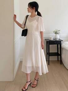 DAZY Vestido largo de mujer de cuello redondo de malla de unicolor y fluido - Beis - Ver 3