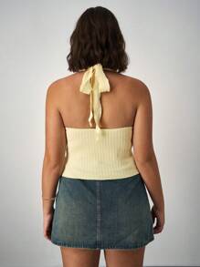 SHEIN Tall CURVE Plus Size Casual Minimalist Front Button Asymmetric Hem Halter Tank Top,Business Casual Woman - Yellow - View 2