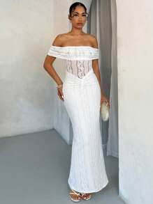 SHEIN BAE Spring/Summer Off-Shoulder Lace Fitted Long Dress, Elegant - White - View 5