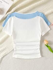 SHEIN Bộ 2 áo thun tay ngắn cổ chữ U họa tiết nơ đơn giản & thoải mái cho bé gái tuổi teen - Màu xanh nhạt - Xem 3