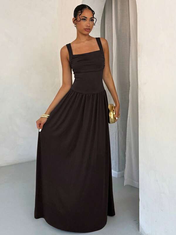 SHEIN BAE Women's Elegant Solid Color Brown Coffee Square Collar Flared Dress, Spring/Summer