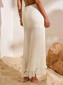 Opulessa Women Plain Woven Low Waist Solid Color Bodycon Split Hem Skirt - Apricot - View 6