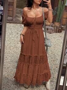 SHEIN EZwear 女士纯色连衣裙，休闲度假风格 - 棕色 - 查看 1