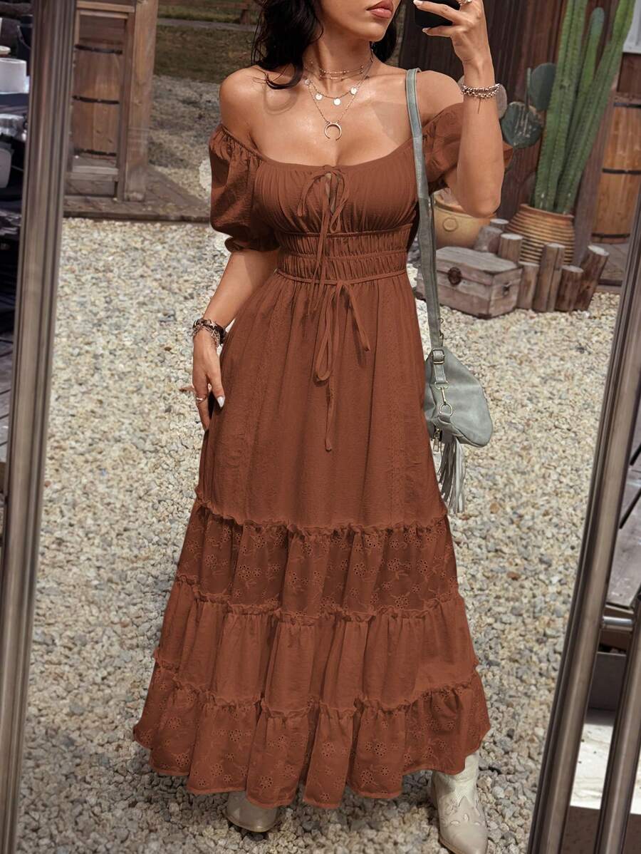 SHEIN EZwear 女士纯色连衣裙，休闲度假风格 - 棕色 - 查看 1