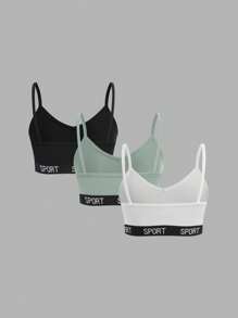 3pcs/Set Teen Girls Minimalist Letter Elastic Cami Bra Set Fall Winter - Mint Green - View 2