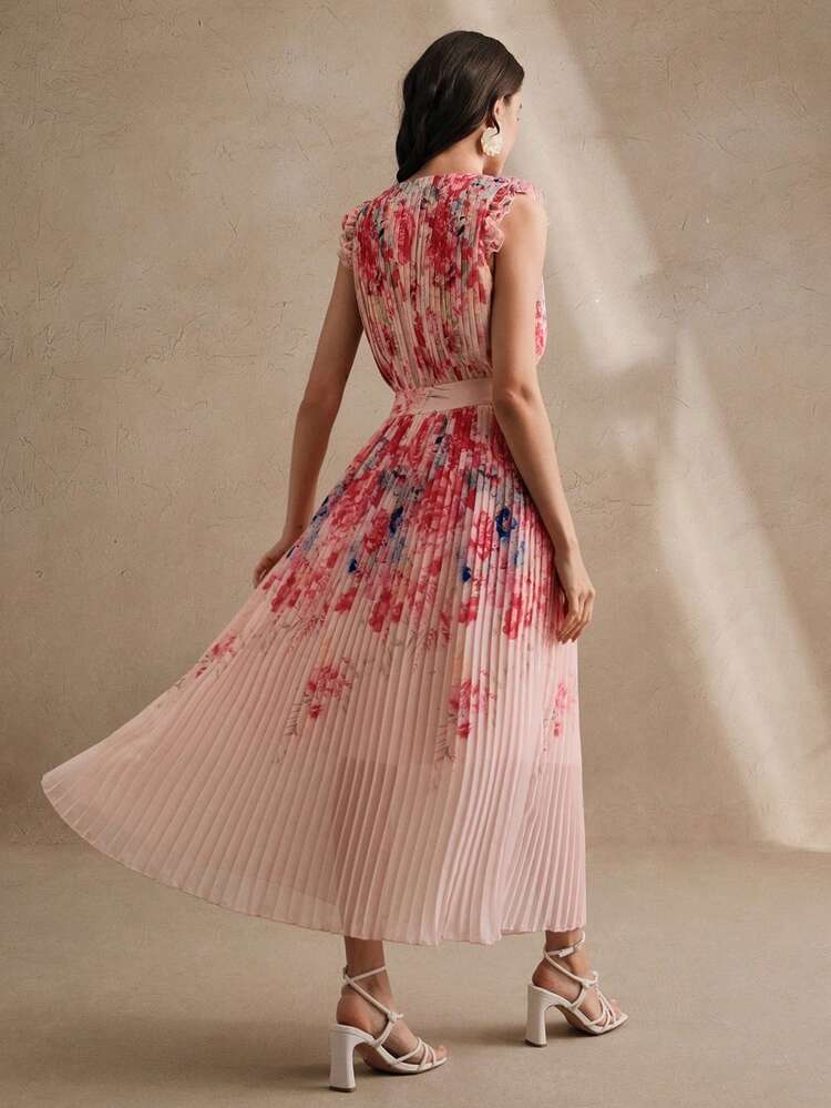 Women's Sleeveless Pleated Floral Print Long Dress, Elegant Holiday Style, Spring/Summer New Arrival