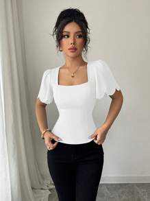Elenzga Top court évasé à manches évasées avec bordure en coquillage de couleur unie style français, T-shirt ajusté à col carré et manches bouffantes élégant - Blanc - Voir 6