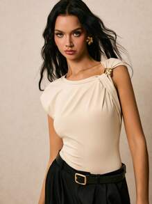 Poéselle Women's Summer Solid Color Ruched Slim Fit Fashion T-Shirt - Apricot - View 8