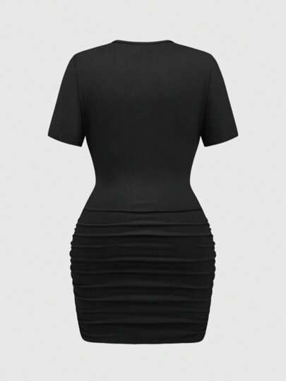 Grunge Punk Women's Streetwear Gothic Skull & Floral Print Ruched Tie Front Deep V-Neck Bodycon Mini Dress