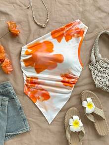 Soleia 女士扎染超大花卉印花单肩褶饰不对称下摆修身衬衫，非常适合度假穿着 - 彩色 - 查看 4