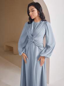 Veilorie Women's Solid Color Elegant Twist Pleated Long Sleeve Abaya Dress, Modest - Blue - View 3