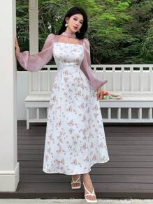 Feyla Women's Floral Print Square Neck Mesh Insert Elegant Long Sleeve Midi Dress
