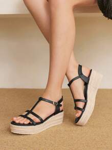Styleloop Canvas Wedge Lace-Up Sandals, Minimalist Fashion Suitable For Summer - Black - View 7