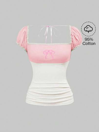 Kawaii Women Cute Embroidered Bow 'Milkmaid' T-Shirt