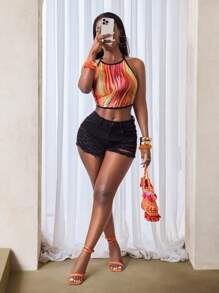 BamGleam Summer New Women's Color Gradient Short Crop Top With Sexy Backless Design, Perfect For Beach Vacations, Parties, Gatherings, And Daily Wear - Multicolor - View 6