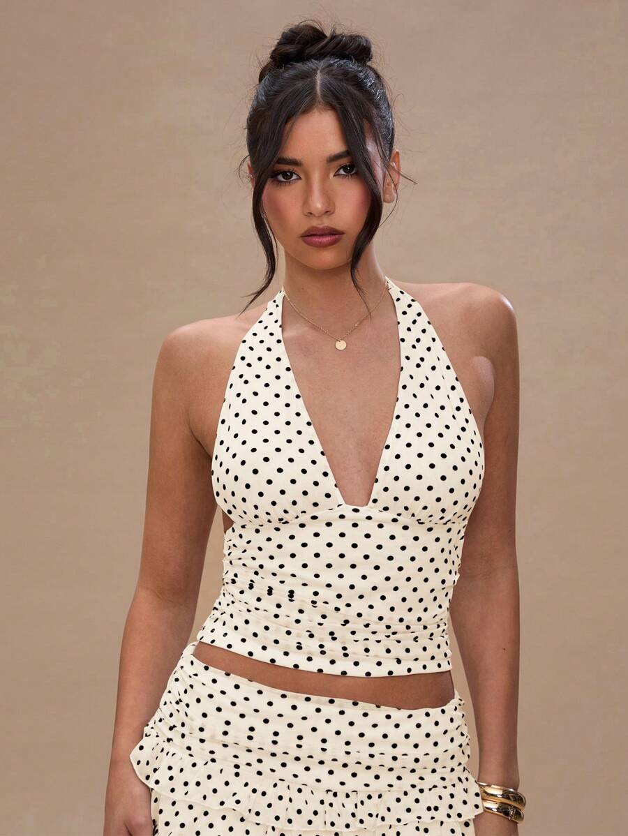 SHEIN BAE Women's Polka Dot Print Halter Neck Backless Ruffle Sleeveless Tank Top - Apricot - View 1
