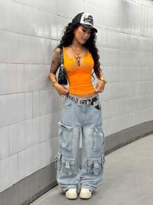 StreetHx 女士春夏街头风水钻印花紧身瑜伽运动橙色背心，简约亚文化风格修身款上衣 - 亮橙色 - 查看 5