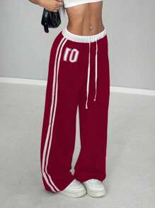 StreetHx 女式休闲运动街头风格复古数字印花拼接腰部宽松长款运动裤，春夏 - 紅色 - 查看 5