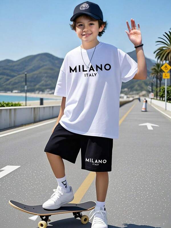 Set 2 buc. tricou și pantaloni scurți cu mânecă scurtă, casual, grafică creativă, pentru băieți preadolescenti, ținute cu imprimeu simplu, potrivite pentru vară