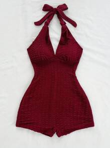 Soleia Women Burgundy Knitted Shirred Jumpsuit With Deep V Neck And Tie, Vacation Dress, Slim Fit, Suitable For Party, Valentine's Day, Date, Layering