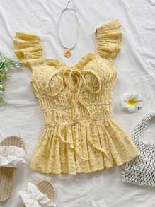 Soleia Áo croptop nữ màu vàng bơ tay ngắn, màu trơn, cổ tim bèo nhún, thích hợp cho kỳ nghỉ hè. - Màu vàng - Xem 1