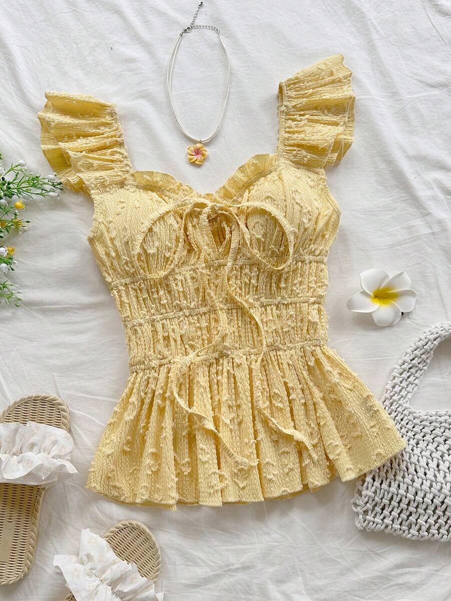 Soleia Áo croptop nữ màu vàng bơ tay ngắn, màu trơn, cổ tim bèo nhún, thích hợp cho kỳ nghỉ hè. - Màu vàng - Xem 1
