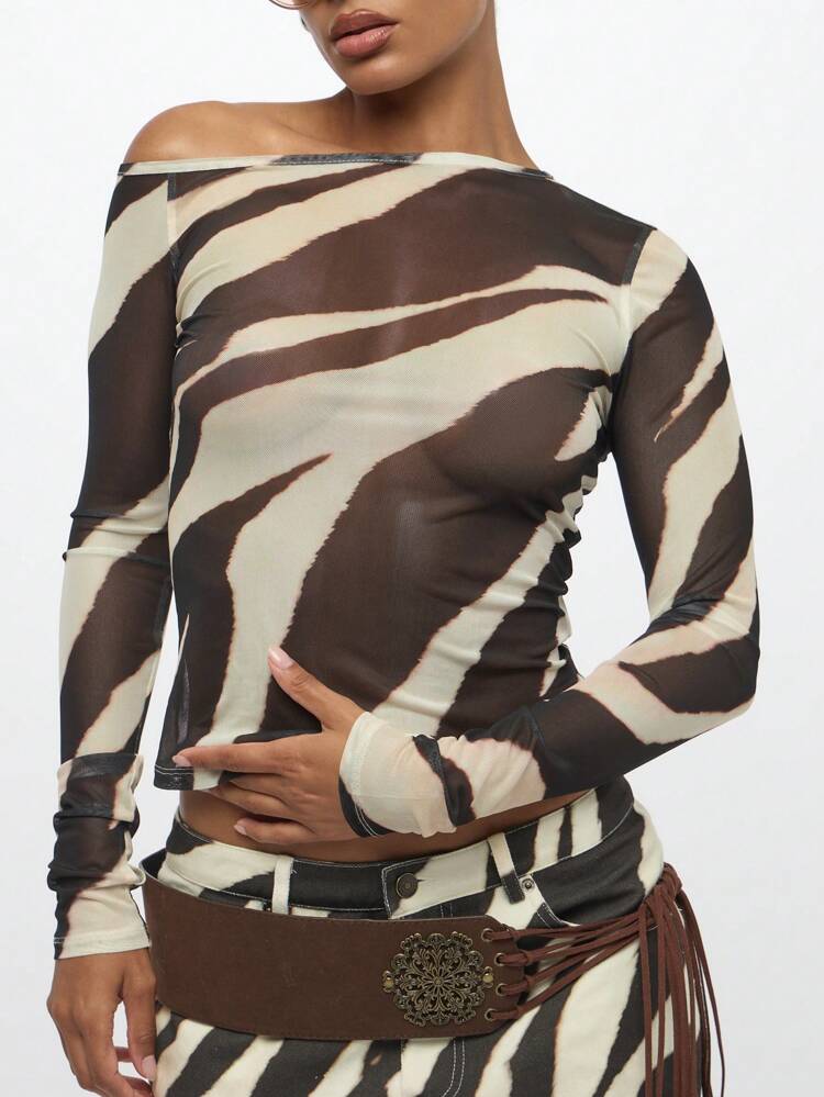 SUMWON Top de mode à manches longues à l'épaule dénudée en maille transparente à imprimé animal, style bohème festif, pour la danse, les soirées, une tenue glamour, dans le style Y2K