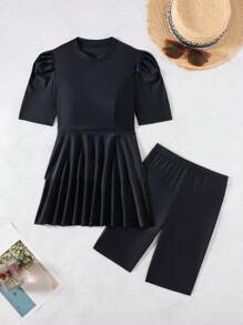 Swim Mulvari 2pcs/Set New Summer Solid Black Round Neck Short Sleeve Swimsuit And Shorts Burkini Set - Black - View 2