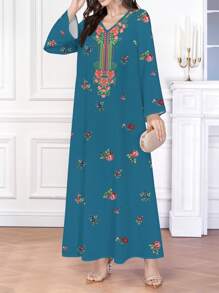 Al Najma 女士优雅位置印花阿拉伯风格长袖 V 领连衣裙，朴素的卡夫坦 - 彩色 - 查看 3