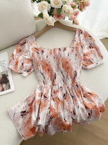 SHEIN Privé Plus Size Allover Print Square Neck Casual Short Sleeve Blouse, Summer Vcay Fall Top - Multicolor - View 6