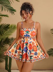 Travachic Plus Size Women Tropical Floral Print Spaghetti Strap Bikini Set, Convertible Swimsuit, Casual Beach Wear