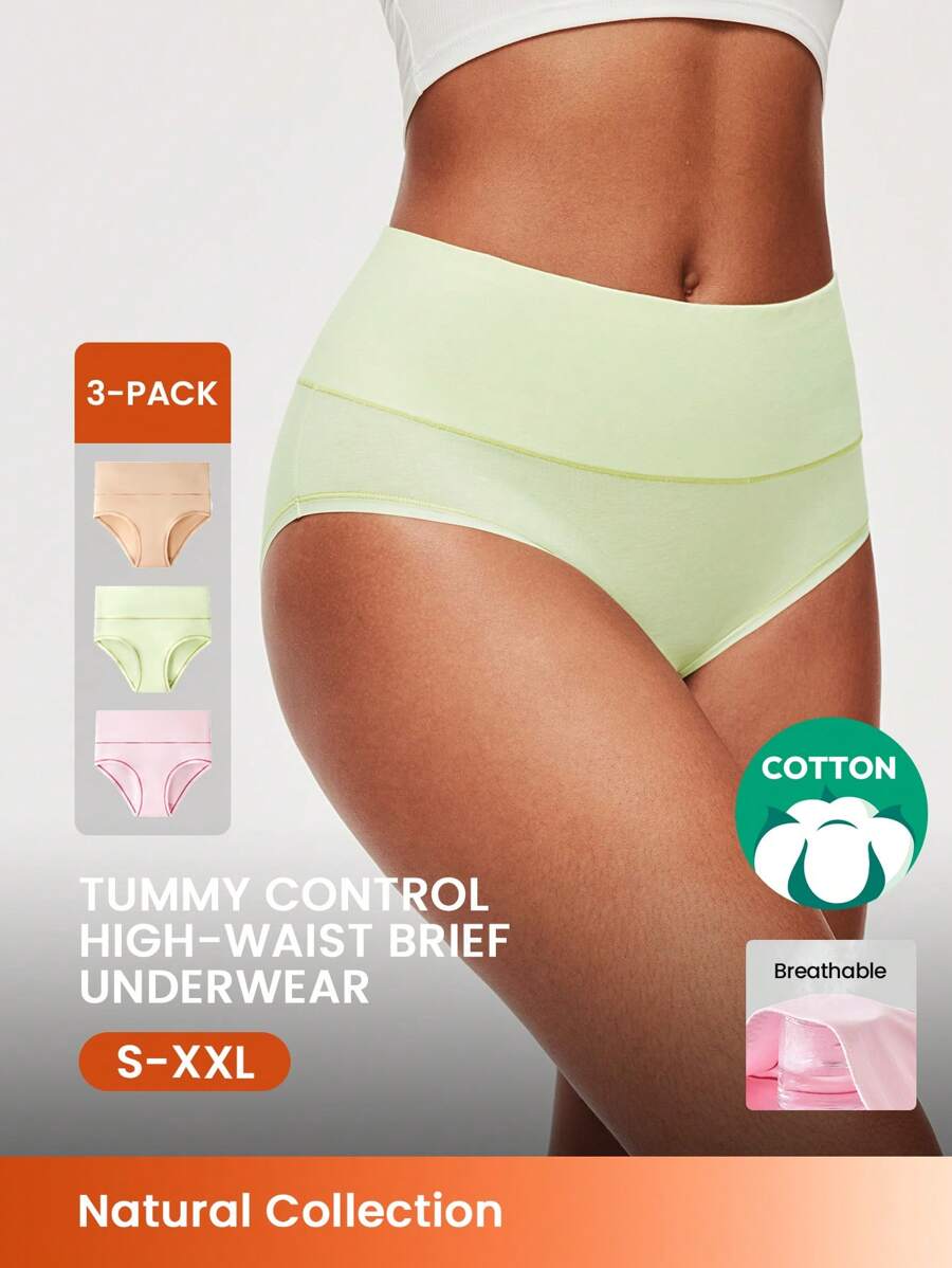 LUVLETTE 3-Pack Airy Cotton Basic High Waist Briefs Waist Tummy Control Women Underwear Panties Set-Colorful Design  Lingerie As Outerwear - Multicolor - View 1