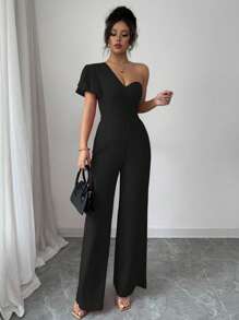 Chiquease 法式单肩阔腿连体裤，荷叶边下摆，高腰，凸显女性魅力