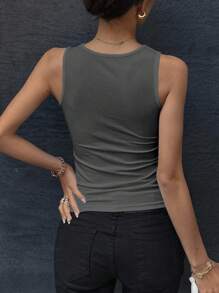 DAZY Áo ba lỗ không tay cổ tròn màu trơn hở vai cho nữ Y2k - Xám - Xem 2