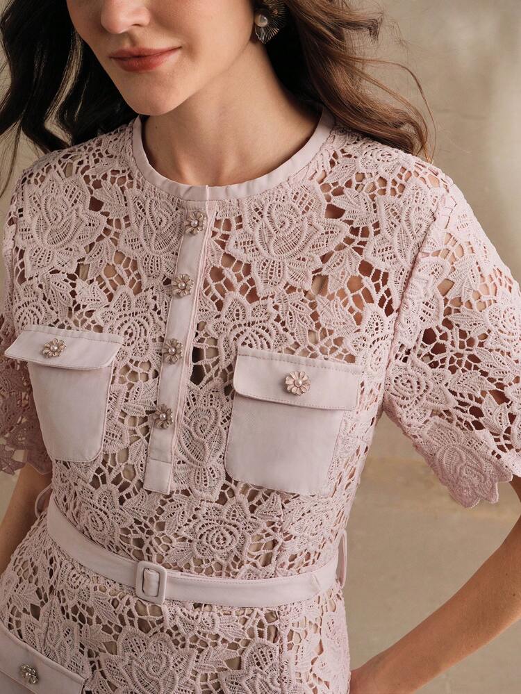 Women's Elegant Blue Lace Trim Fashionable Classic Knee-Length Short Sleeve Casual Dress, Suitable For Spring, Summer, Festivals, Holidays