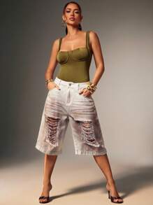 Denimoi Washed And Distressed Denim Jorts, Distressed Jorts, Shorts, Summer Outfits, Vacation Outfits, Fashionable Streetwear - White - View 4