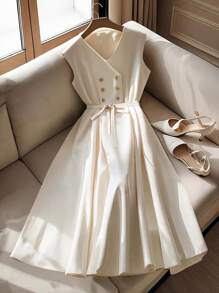 Calvaya Plus Size Women Solid Color V-Neck Double-Breasted Sleeveless Tie Waist High-Low Maxi Dress, Elegant And Romantic - Apricot - View 1