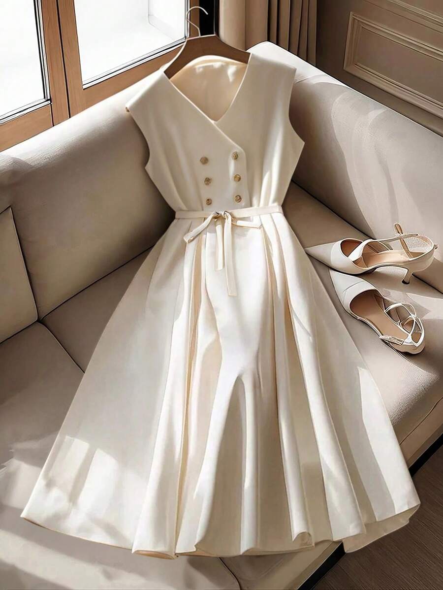 Calvaya Plus Size Women Solid Color V-Neck Double-Breasted Sleeveless Tie Waist High-Low Maxi Dress, Elegant And Romantic - Apricot - View 1