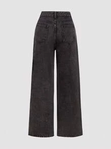 SHEIN MOD 女士休闲日常牛仔裤，宽松牛仔裤，牛仔女郎，圣帕特里克节，女士街头服饰，闪亮宽松牛仔裤，舞会裤，阔腿裤，西部风 - 黑色 - 查看 2