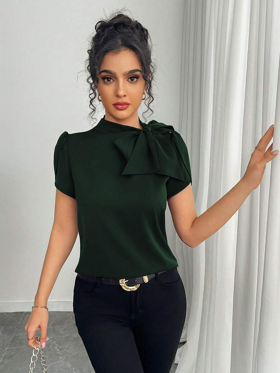 Rafferiza Women's Spring & Summer Casual Versatile Solid Color Bow Frill Cuff Shirt - Dark Green - View 1