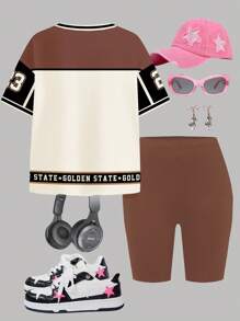 SHEIN Street Digit 23 & Letter Jersey Print, Melon Color, Casual Minimalist Teen Girl Short Sleeve Loose T-Shirt And Bike Shorts Set, 2pcs, Suitable For Summer