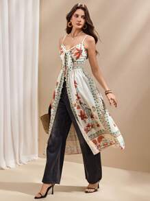 Almamuse 女士优雅花卉吊带无袖上衣，配蝴蝶结和侧开衩下摆 - 彩色 - 查看 5