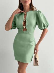 EURMUSE Women's Solid Gold Accessory Detailed Short Dress - Mint Green - View 4