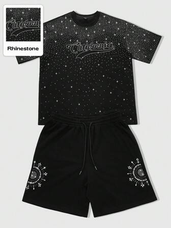 Street Life Men's Street Life T-Shirt Set, Street Fashion Designer Rhinestone Effect, Black Shorts T-Shirt Set In Loose Fit Style, Top With White Star Shape Decor