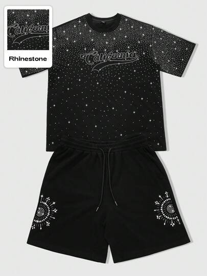 Street Life Herren T-Shirt Set, Straßenmode Designer Strass Effekt, schwarze Shorts T-Shirt Set in weiter Passform, Oberteil mit weißem Stern Dekor, hochwertige glänzende Optik